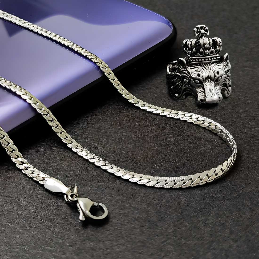 Silver plated chain with silver plated KGF LION shape adjustable ring combo set Rhodium Plated Stainless Steel Chain