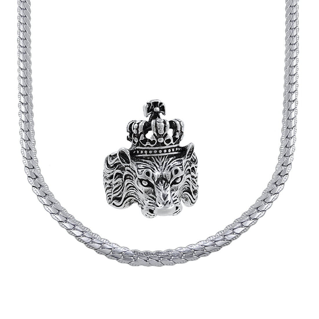 Silver plated chain with silver plated KGF LION shape adjustable ring combo set Rhodium Plated Stainless Steel Chain